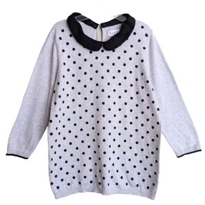 Elle Sweater Gray With Black Flocked Polka-a-dots Peter Pan Collar Large